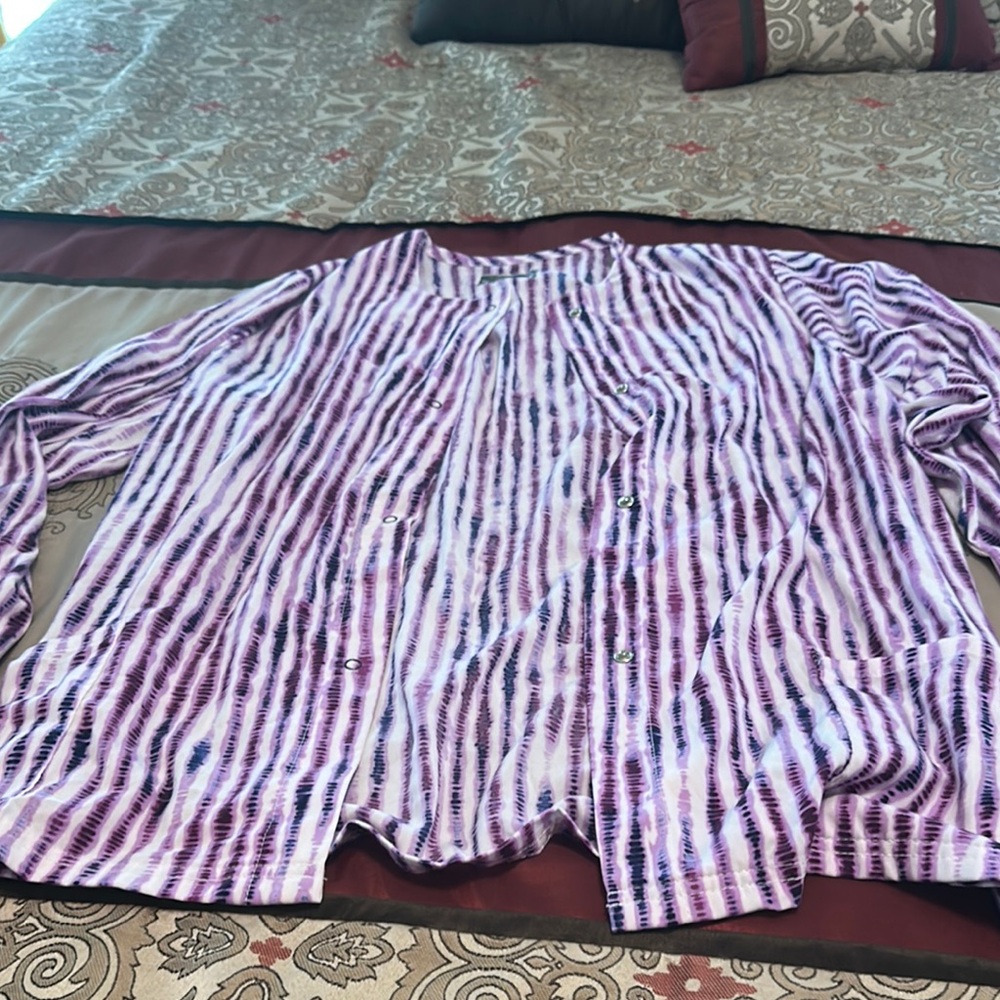 Purple and White Striped Button-Up Shirt lab coat